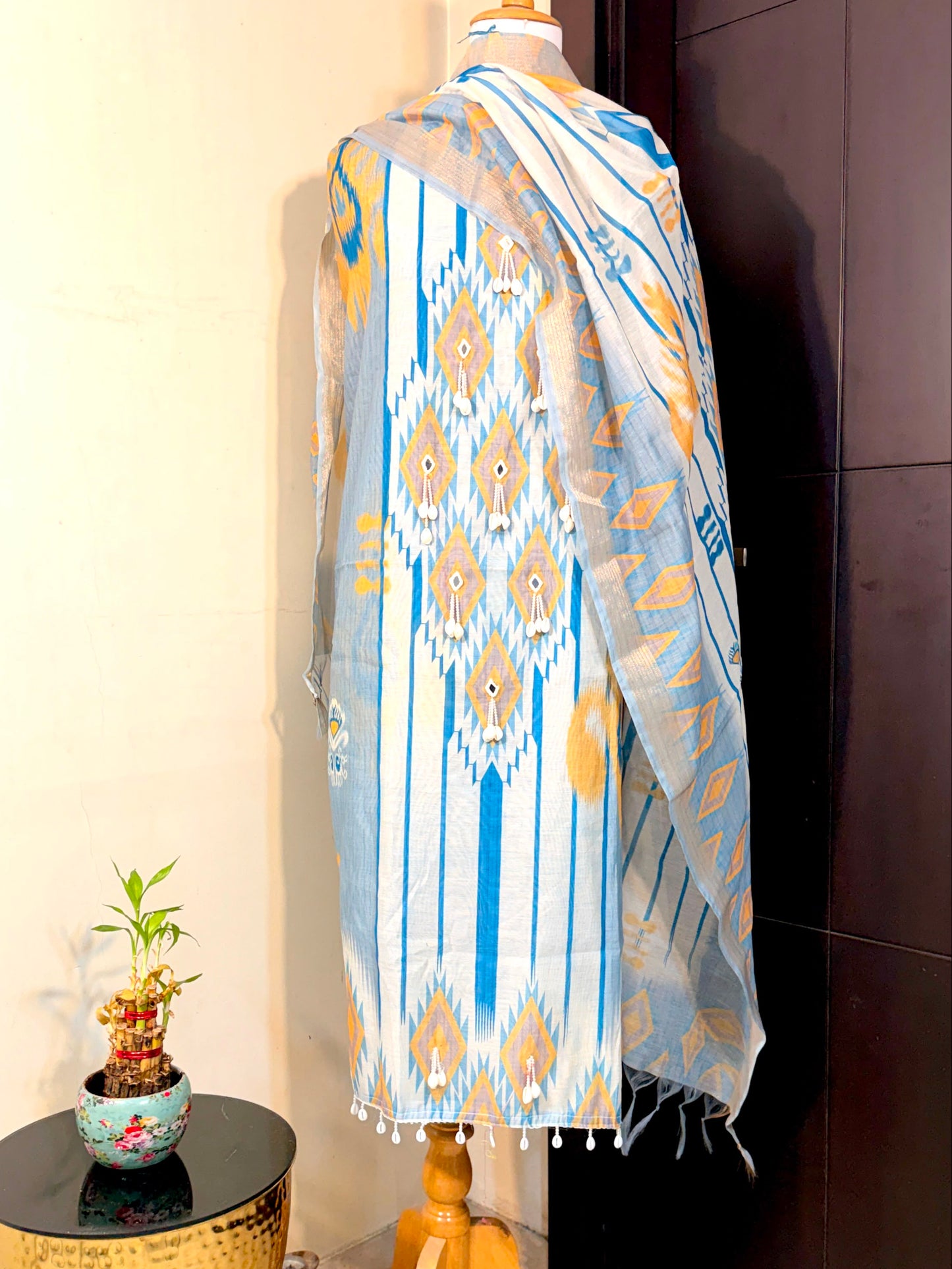 IKAT MUSE– Ikat Print Unstitched Suit Set with Shell & Mirror Detailing