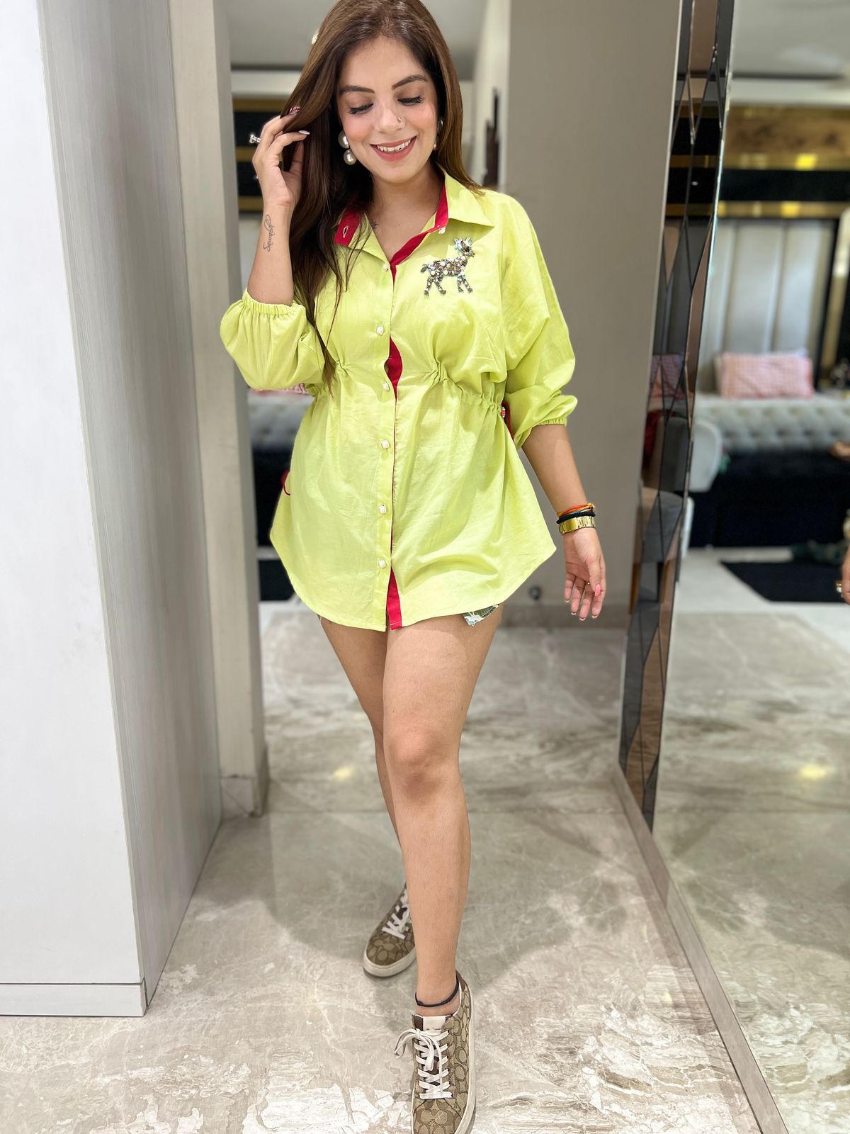 Charvi - Pastel Green Shirt for Women | Embellished Long Shirt for Casual & Party Wear