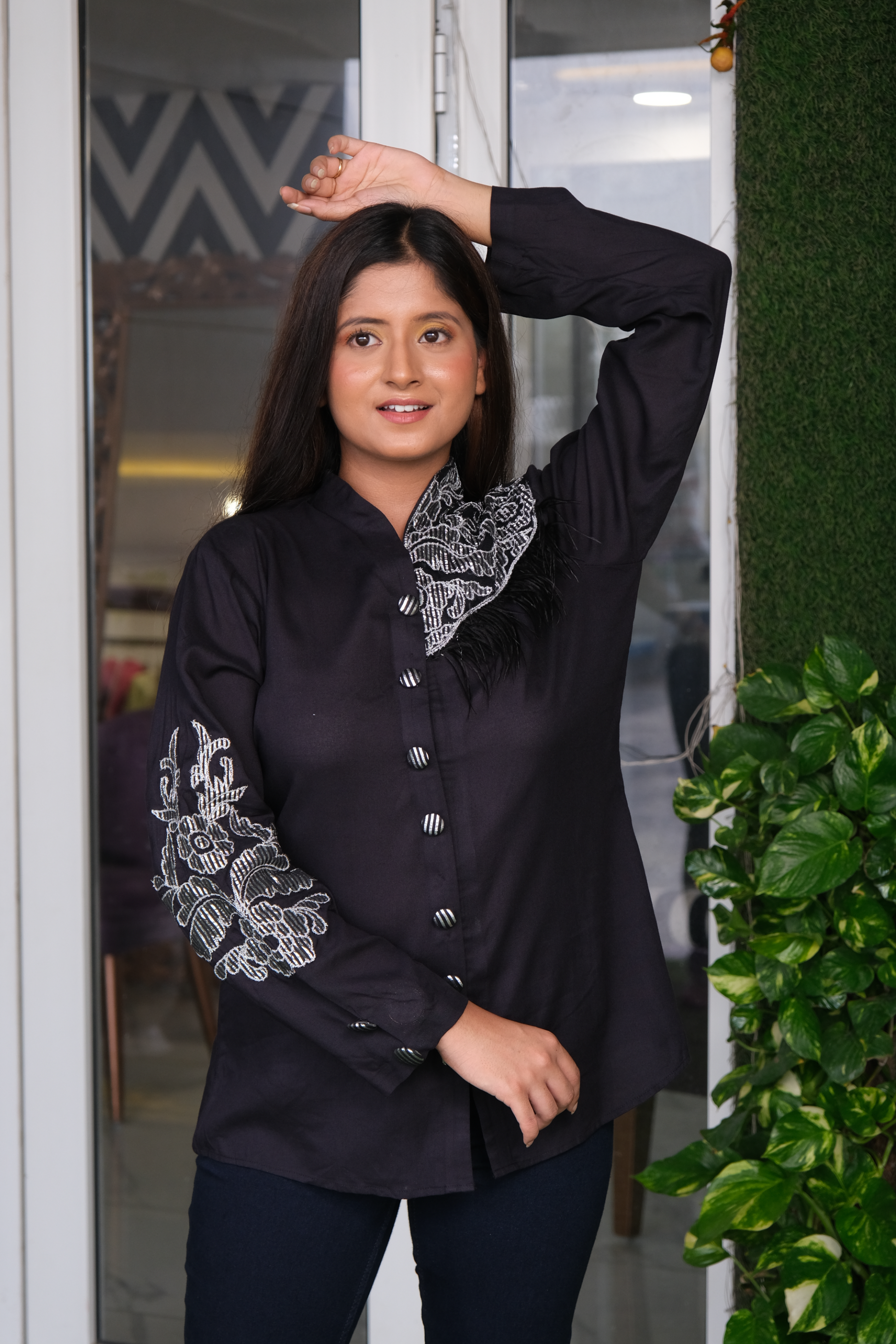 Model wearing Applique Work Fur Black Shirt styled with pants – chic winter outfit