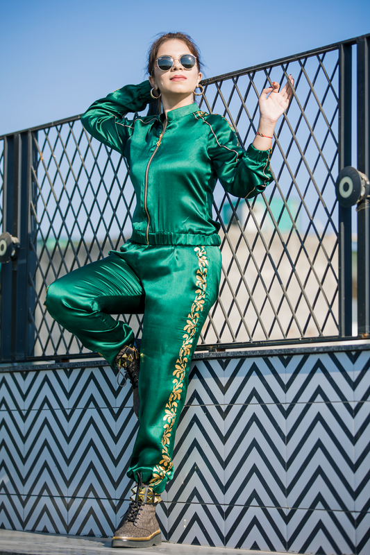 Block print satin track suit for women – stylish and comfortable co-ord set for loungewear and casual outings