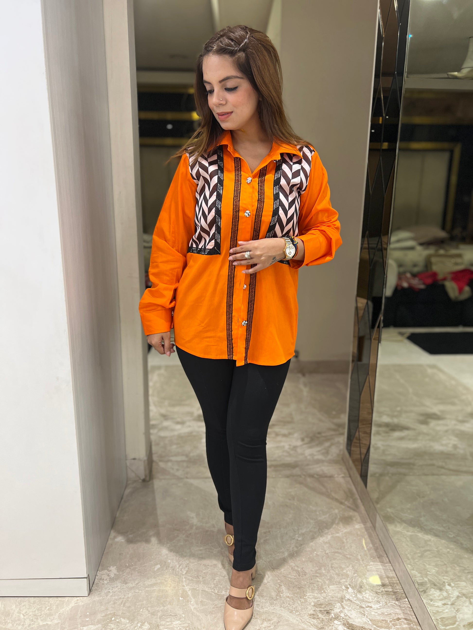 Bright orange geometric pattern shirt – fashion-forward design