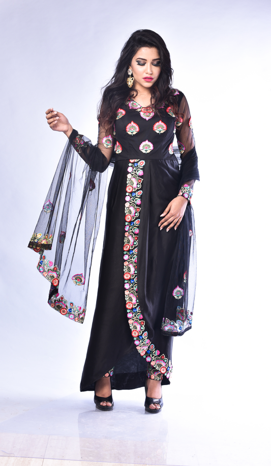 Ishita - Black Suit with Embroidered Pants & Sheer Net Sleeves – Elegant Ethnic Set | Mystiquee Closet