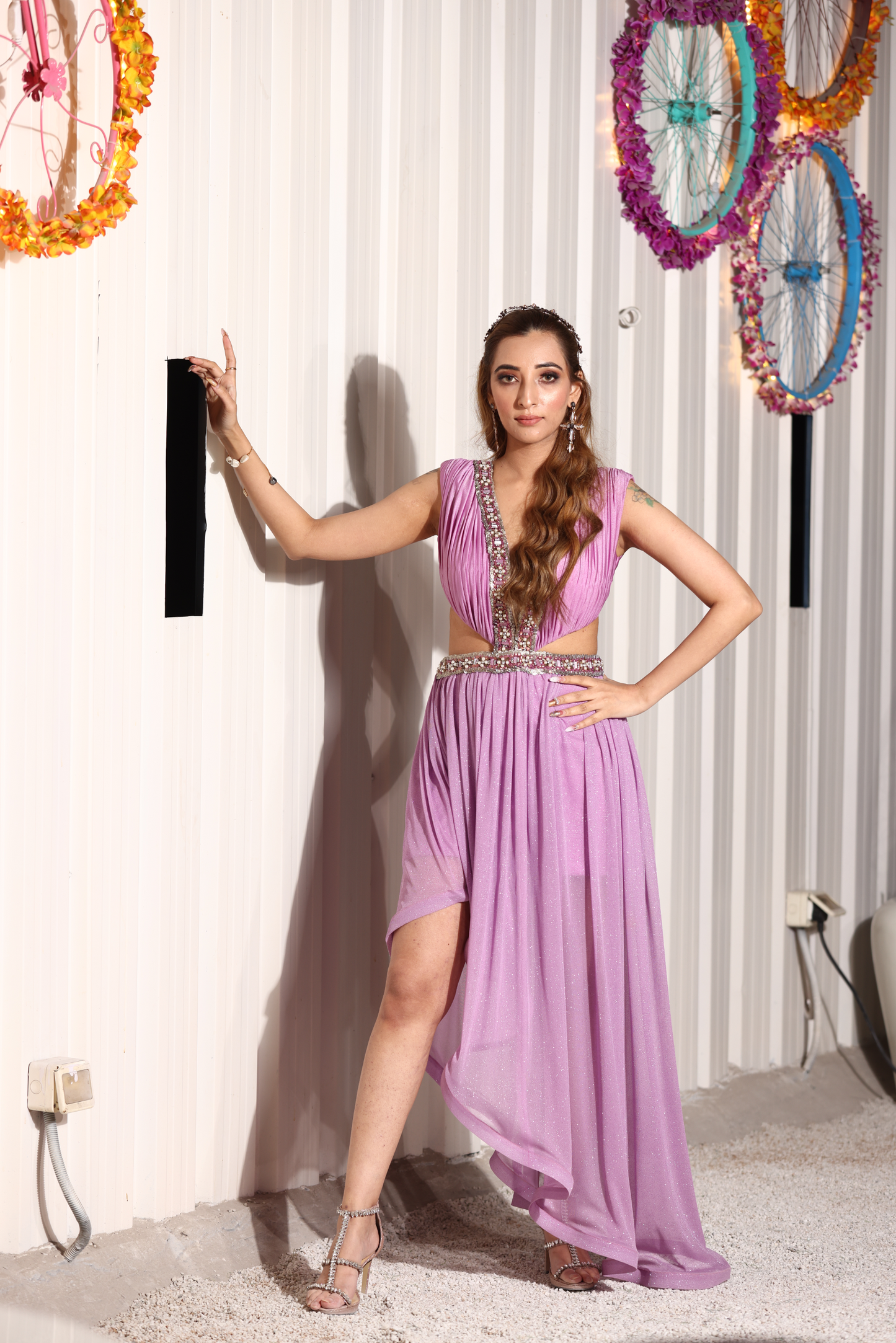 Aafreen - Whimsical High-Low Flared Dress with Embroidered Neck and Belt