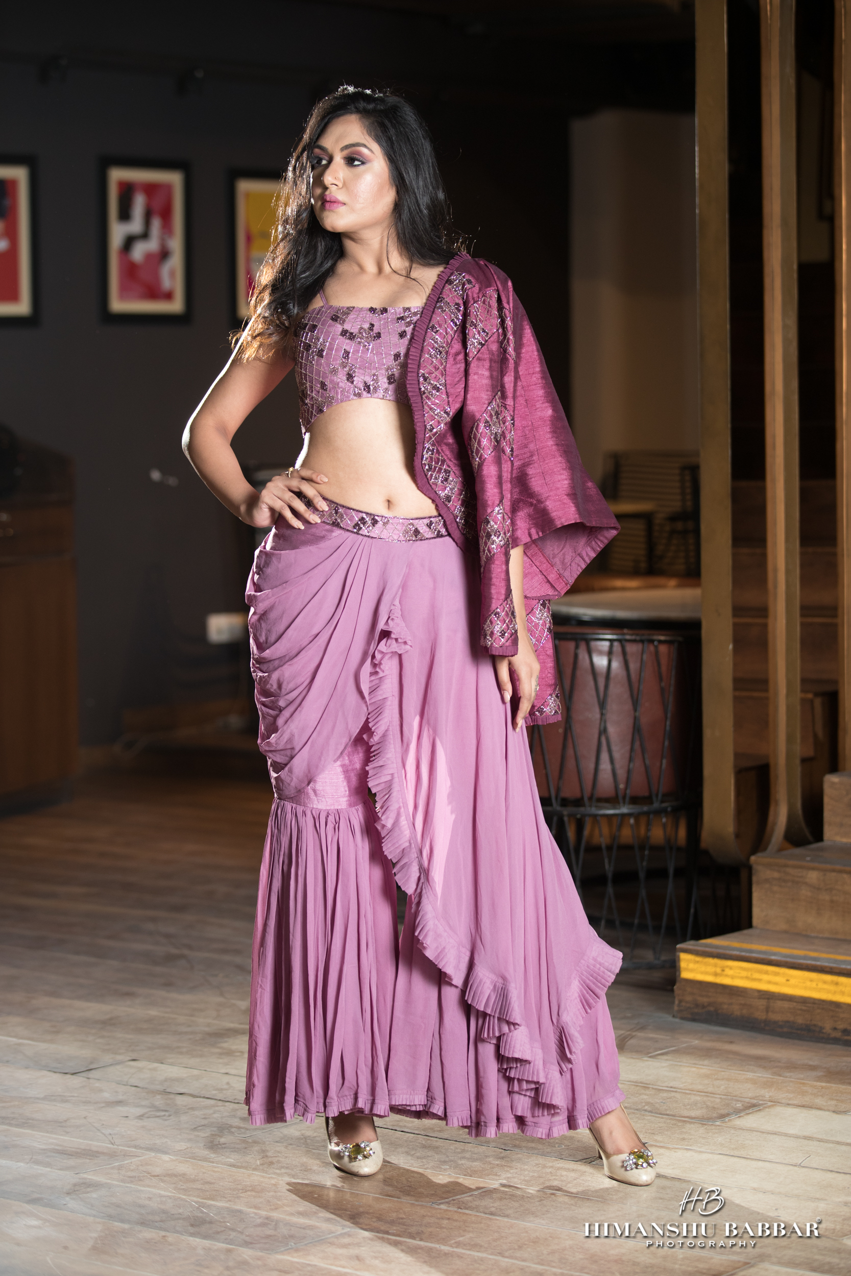 Three-piece drape sharara set with hand-embroidered coat – designer Indian fusion outfit