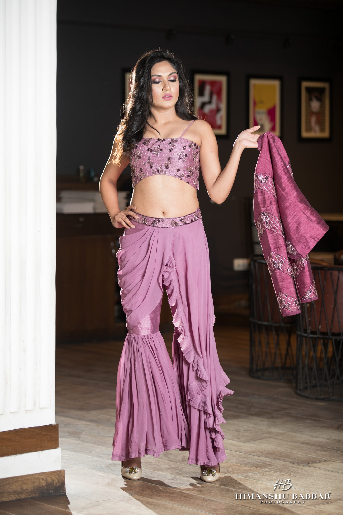 Three-piece drape sharara set with hand-embroidered coat – designer Indian fusion outfit
