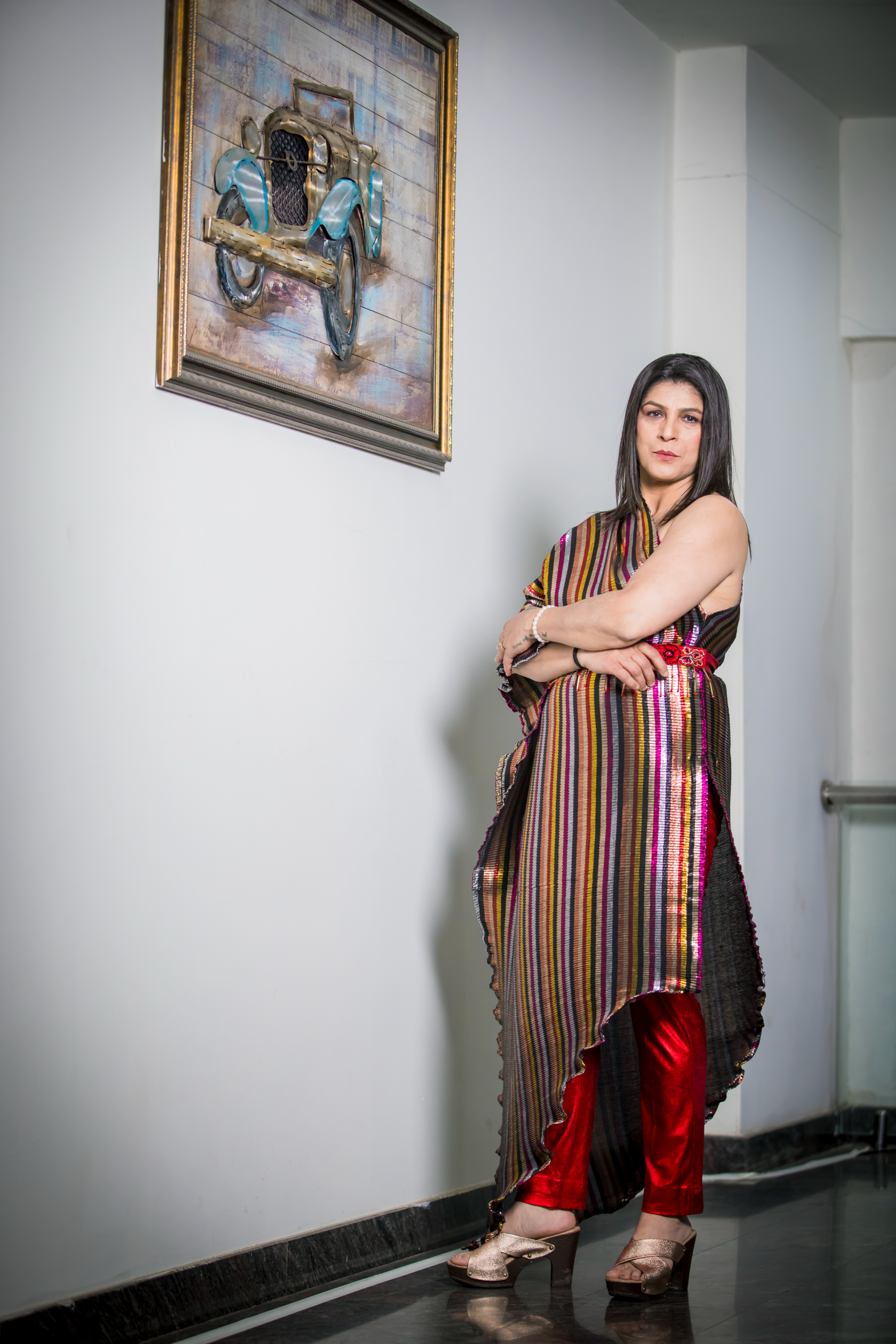 Prisha - Striped One-Shoulder Asymmetrical Dress – Multicolor Style with Red Embroidered Belt