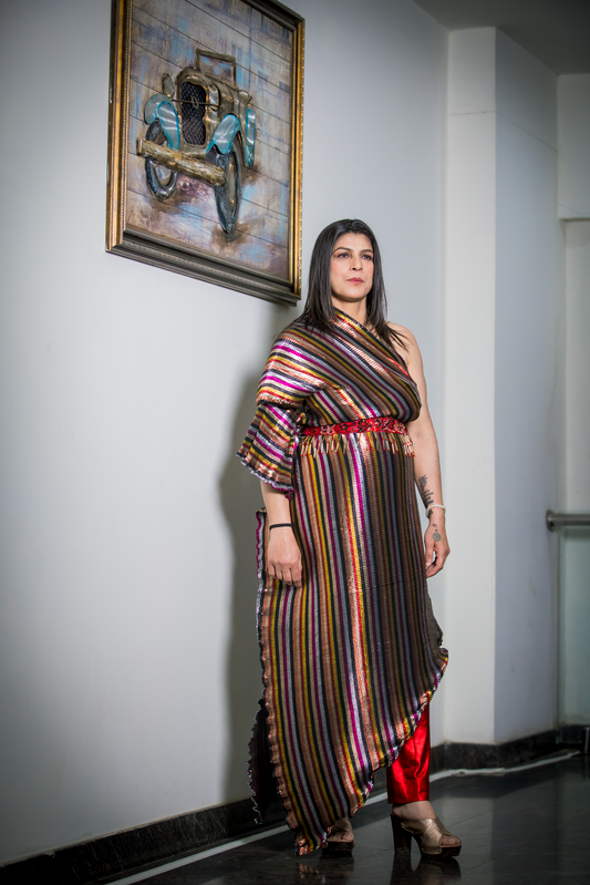 One-shoulder asymmetrical multicolored striped dress with red embroidered waist belt – bold occasion outfit