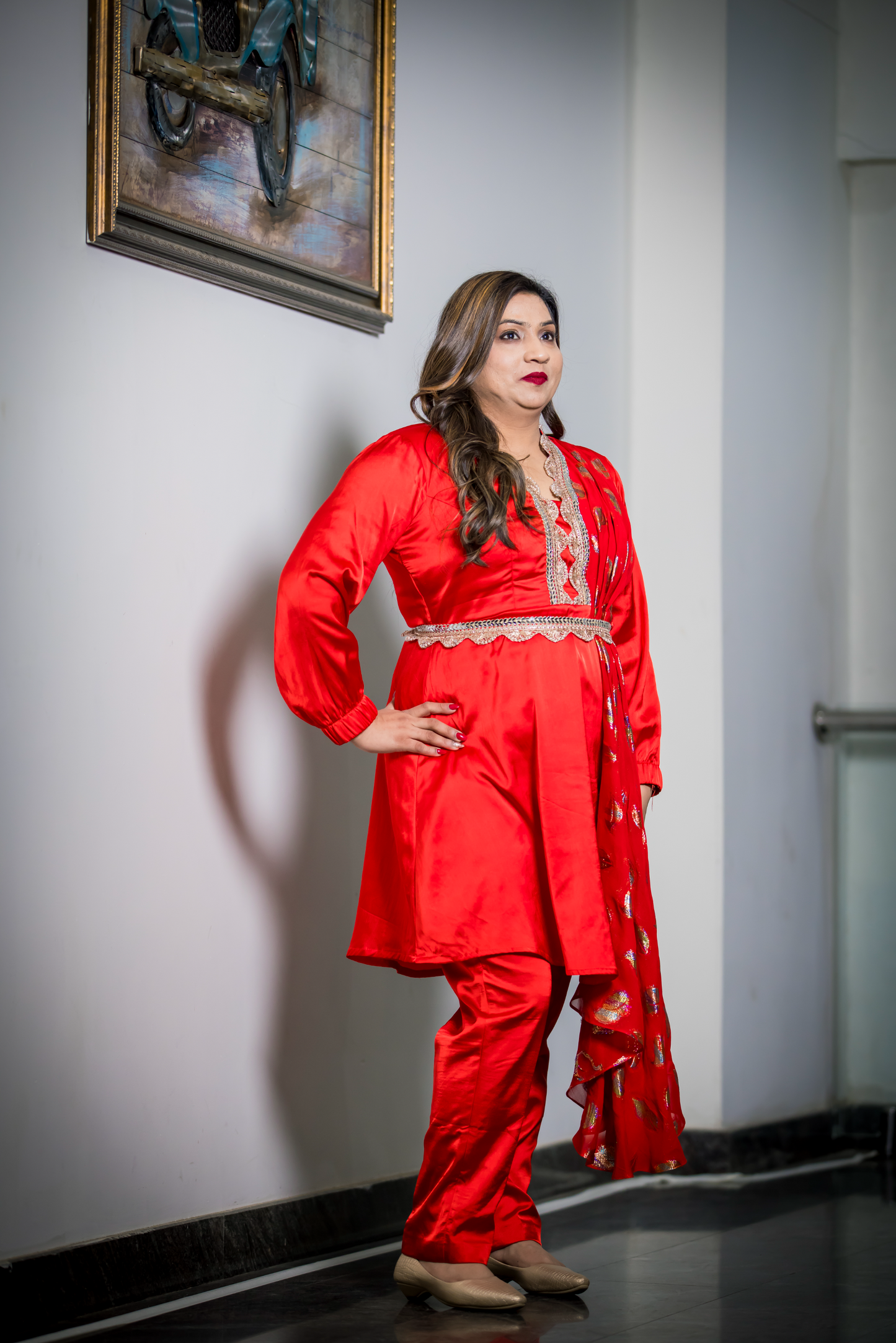 Mahnoor - Red Festive Tunic Set for Women – Gold Embellished Ethnic Outfit with Embroidered Neck
