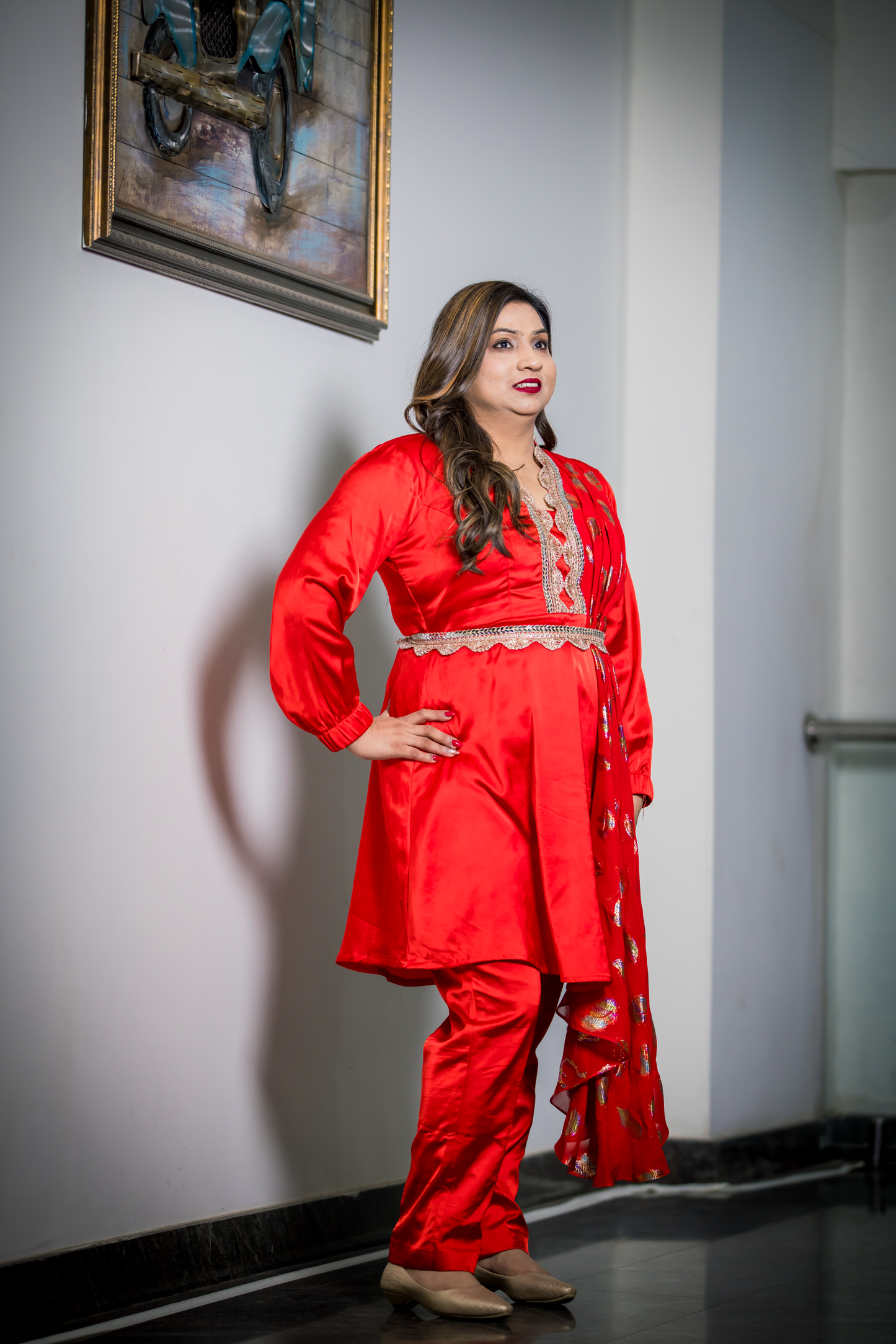 Women’s red tunic set with gold embellishments and embroidered neckline – festive ethnic outfit for celebrations