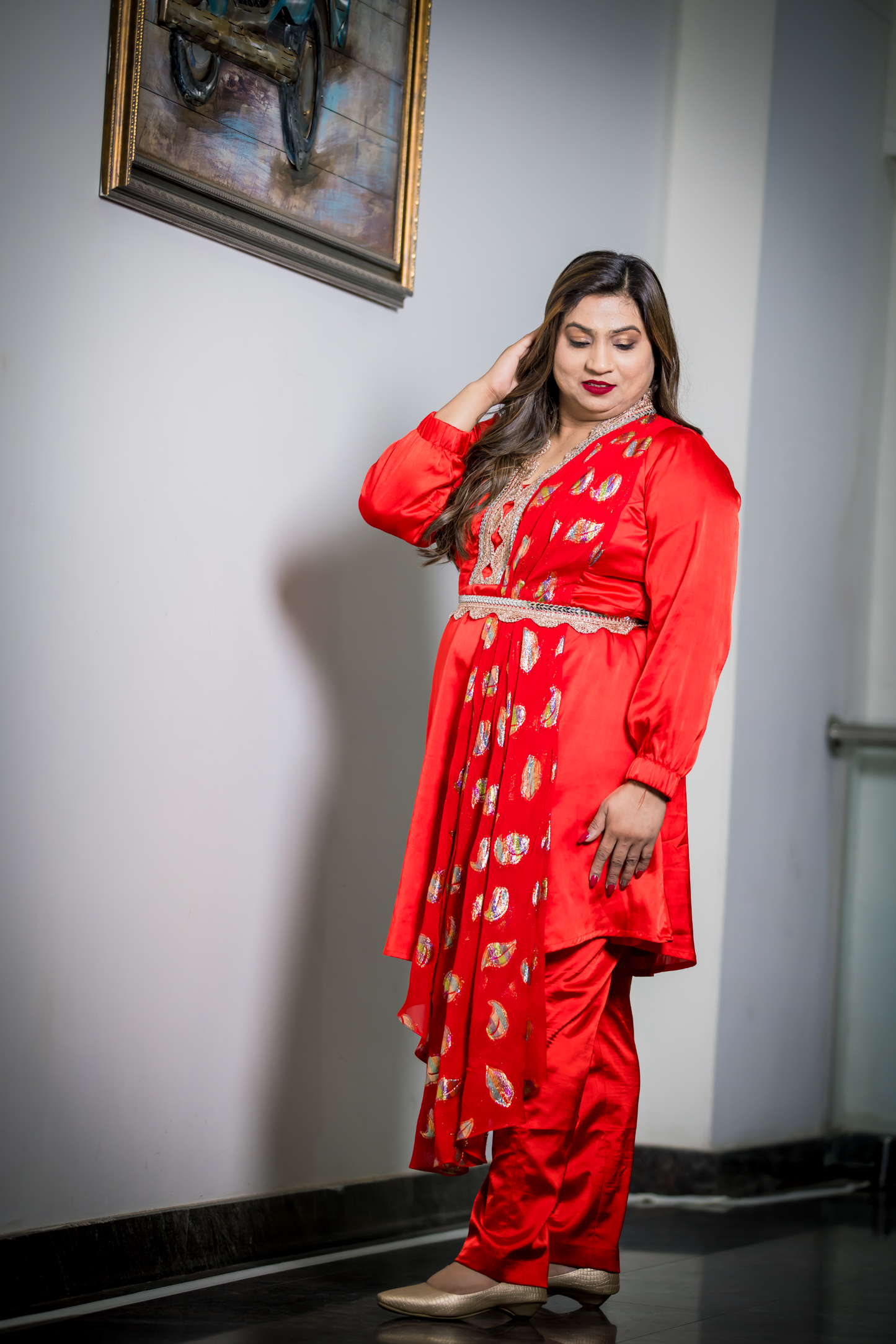 Mahnoor - Red Festive Tunic Set for Women – Gold Embellished Ethnic Outfit with Embroidered Neck