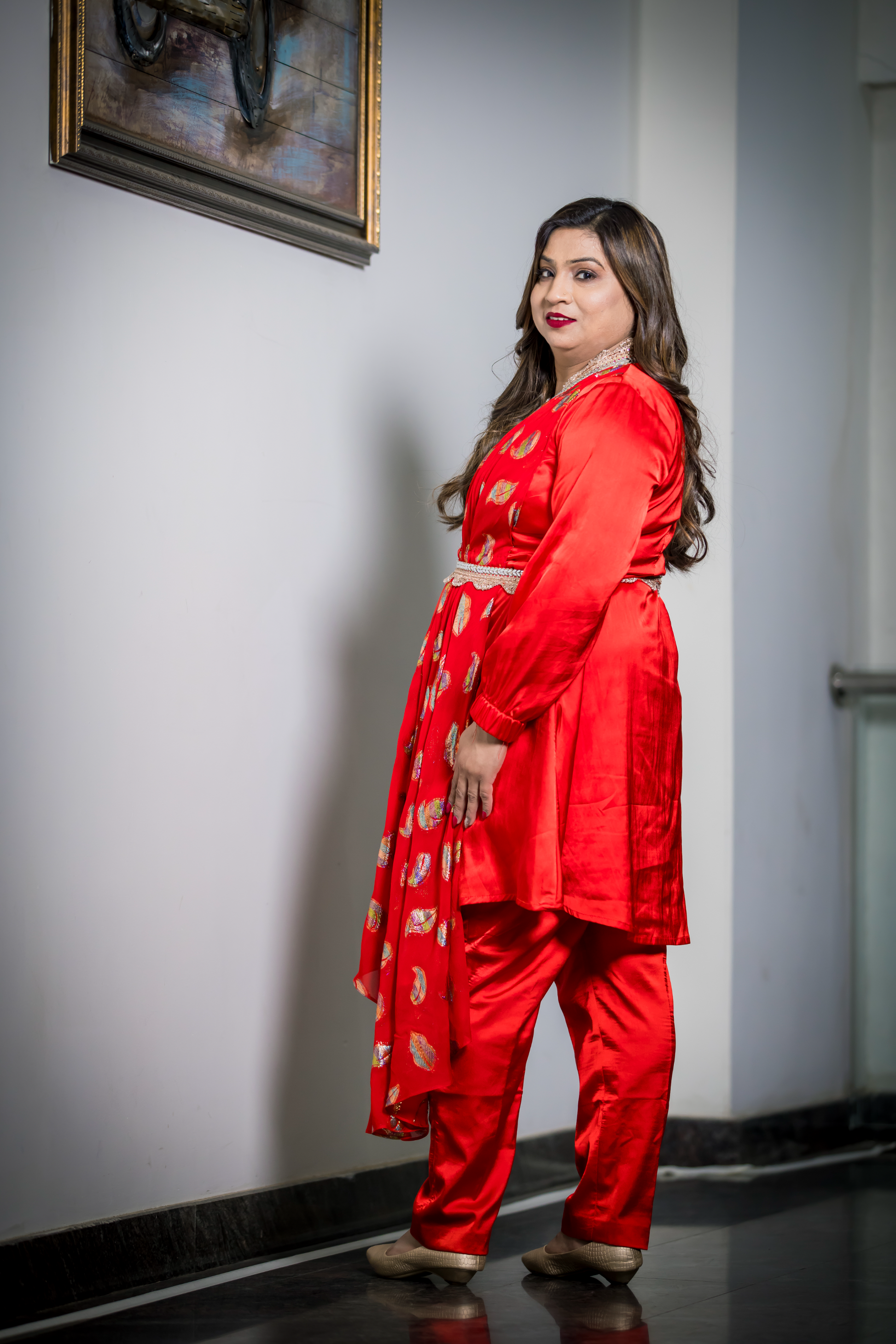 Women’s red tunic set with gold embellishments and embroidered neckline – festive ethnic outfit for celebrations