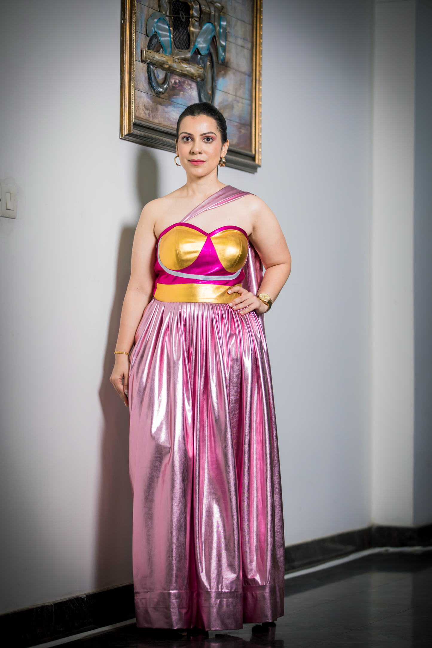 Mehreen - Gold & Pink Evening Ensemble – Glamorous Two-Piece Outfit for Festive Occasions