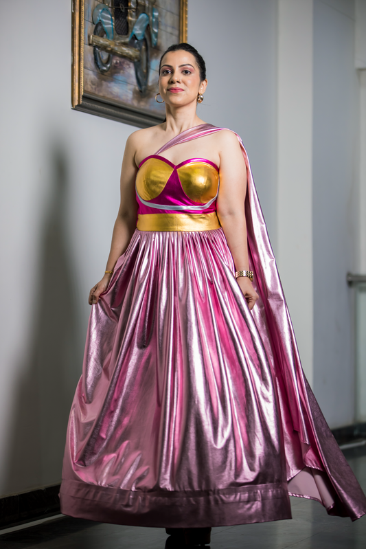Festive two-piece evening ensemble in gold and pink – glamorous ethnic wear for women