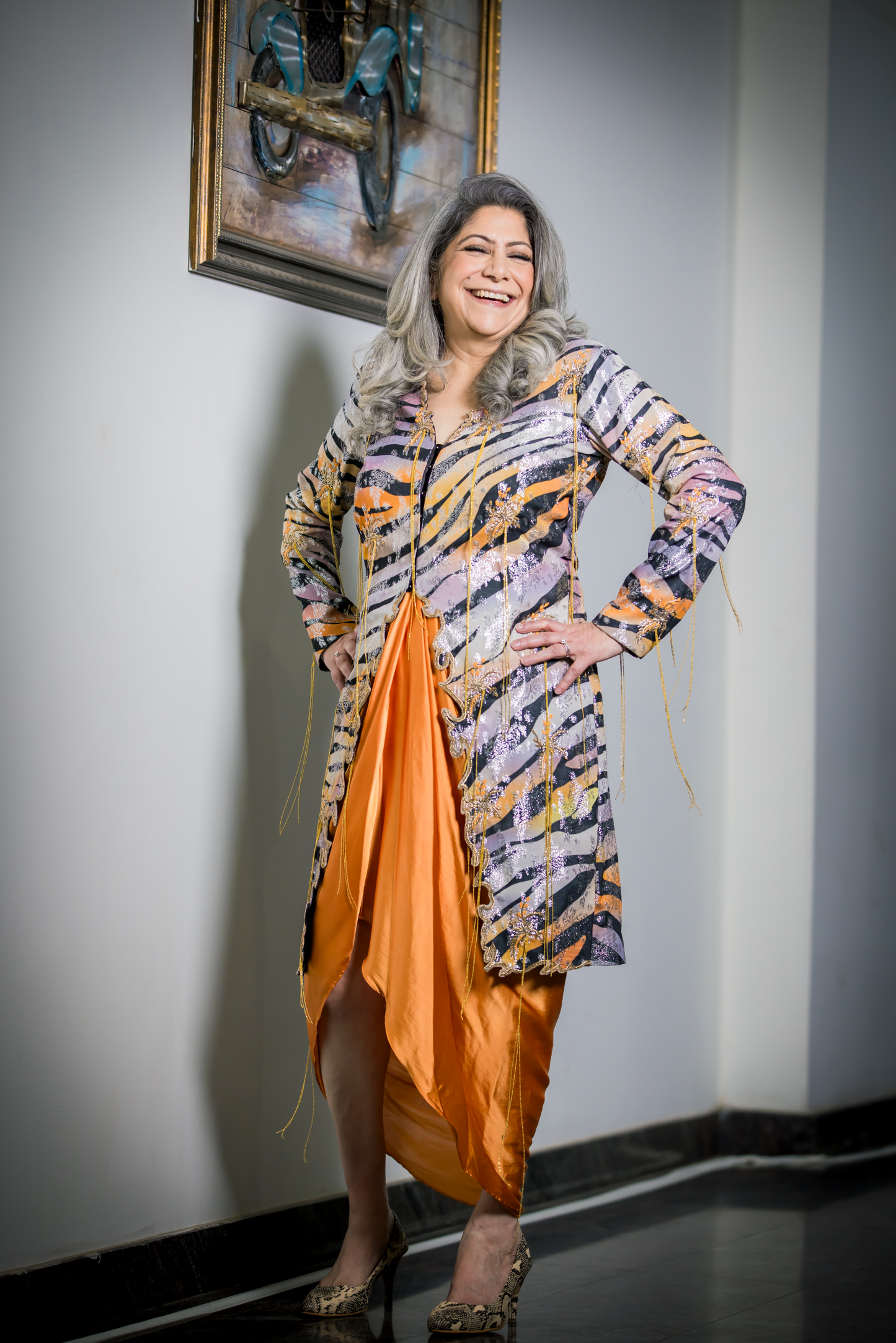 Women’s elegant dress with metallic tweed and satin fabric – formal fusion wear for parties or events