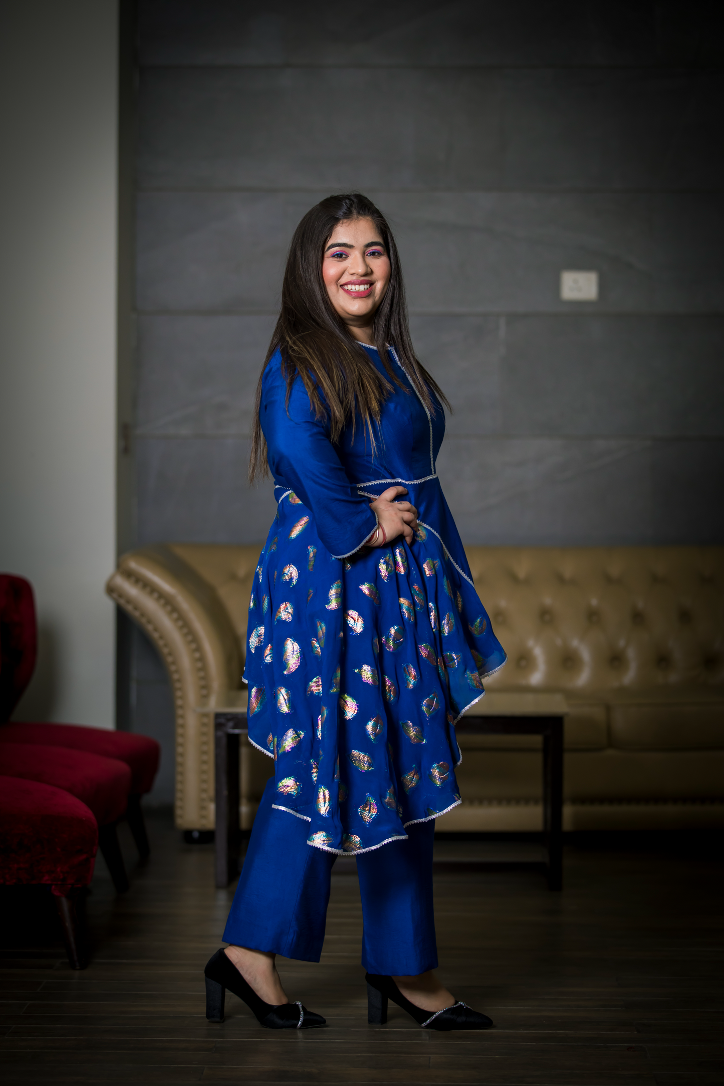 “Elegant blue women’s ensemble with delicate floral embroidery – festive occasion wear”

