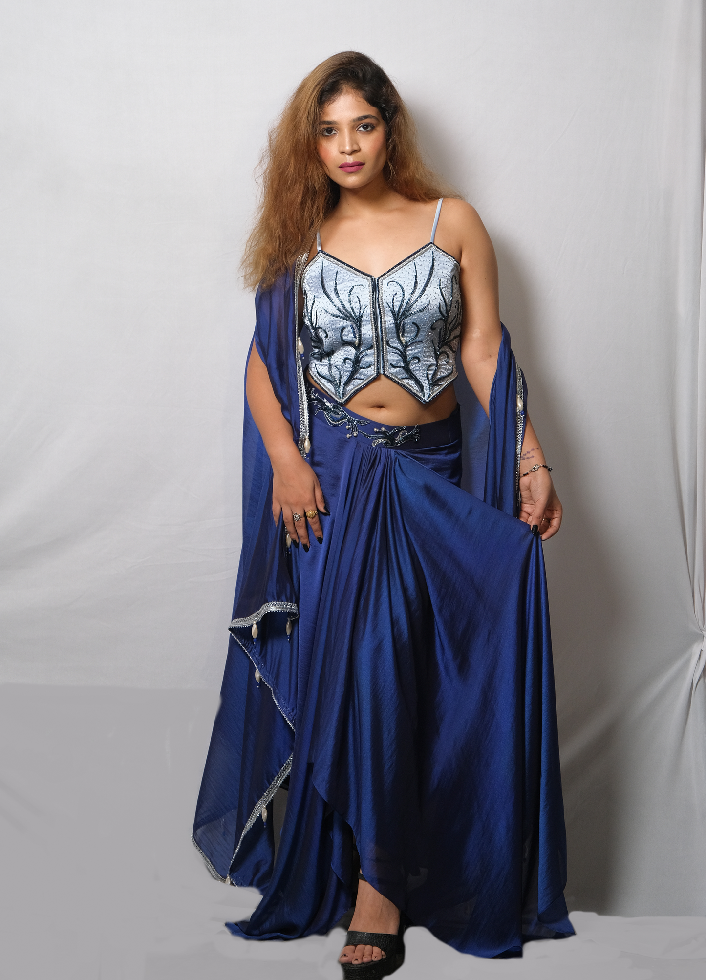 Saiba - Metallic Blue Waistcoat & Skirt Set for Women – Embroidered Festive Wear