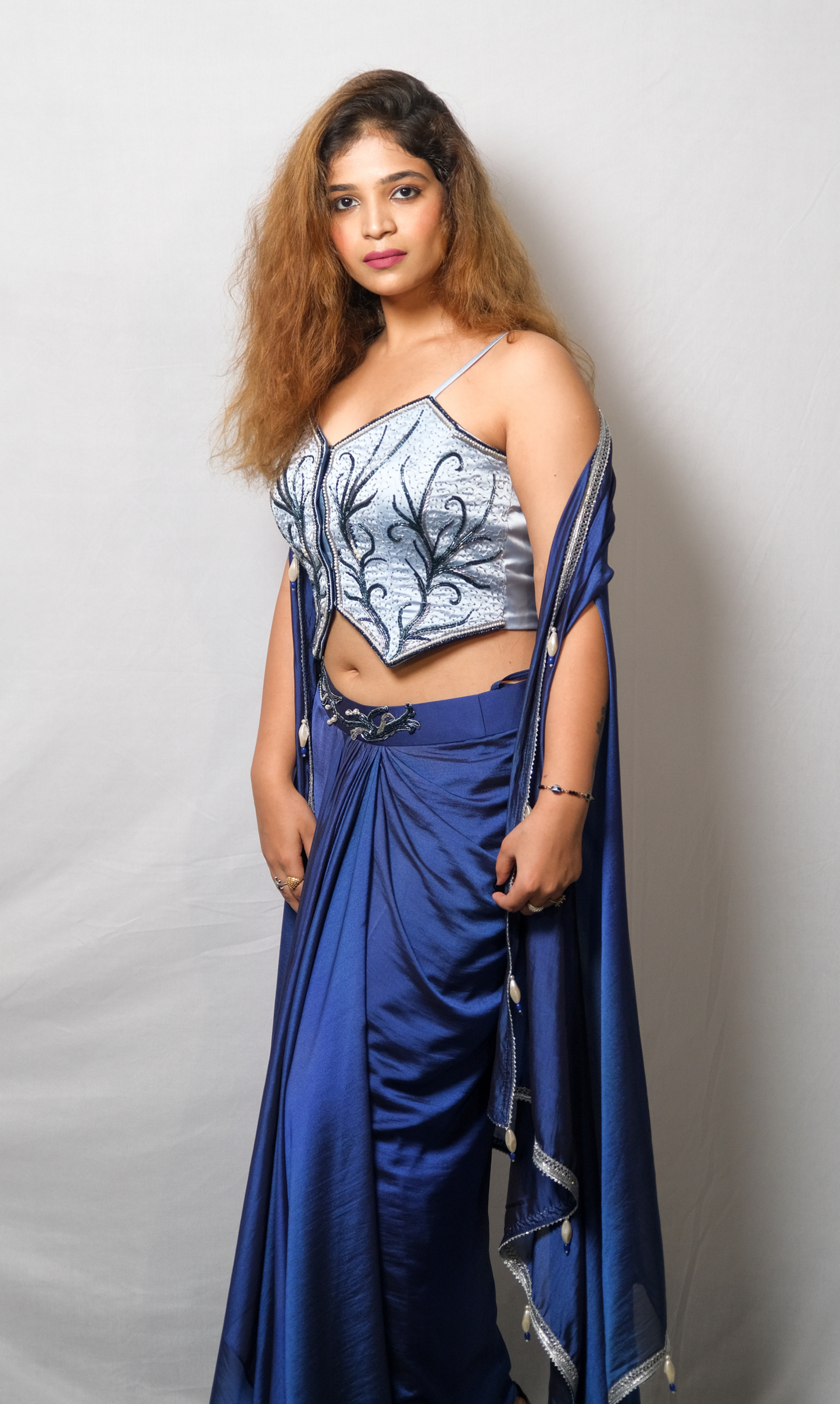 Saiba - Metallic Blue Waistcoat & Skirt Set for Women – Embroidered Festive Wear