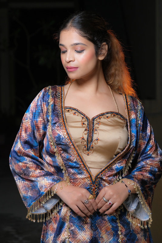 “Women’s vibrant ethnic bohemian outfit with tribal prints and flowing silhouette – boho co-ord set”

