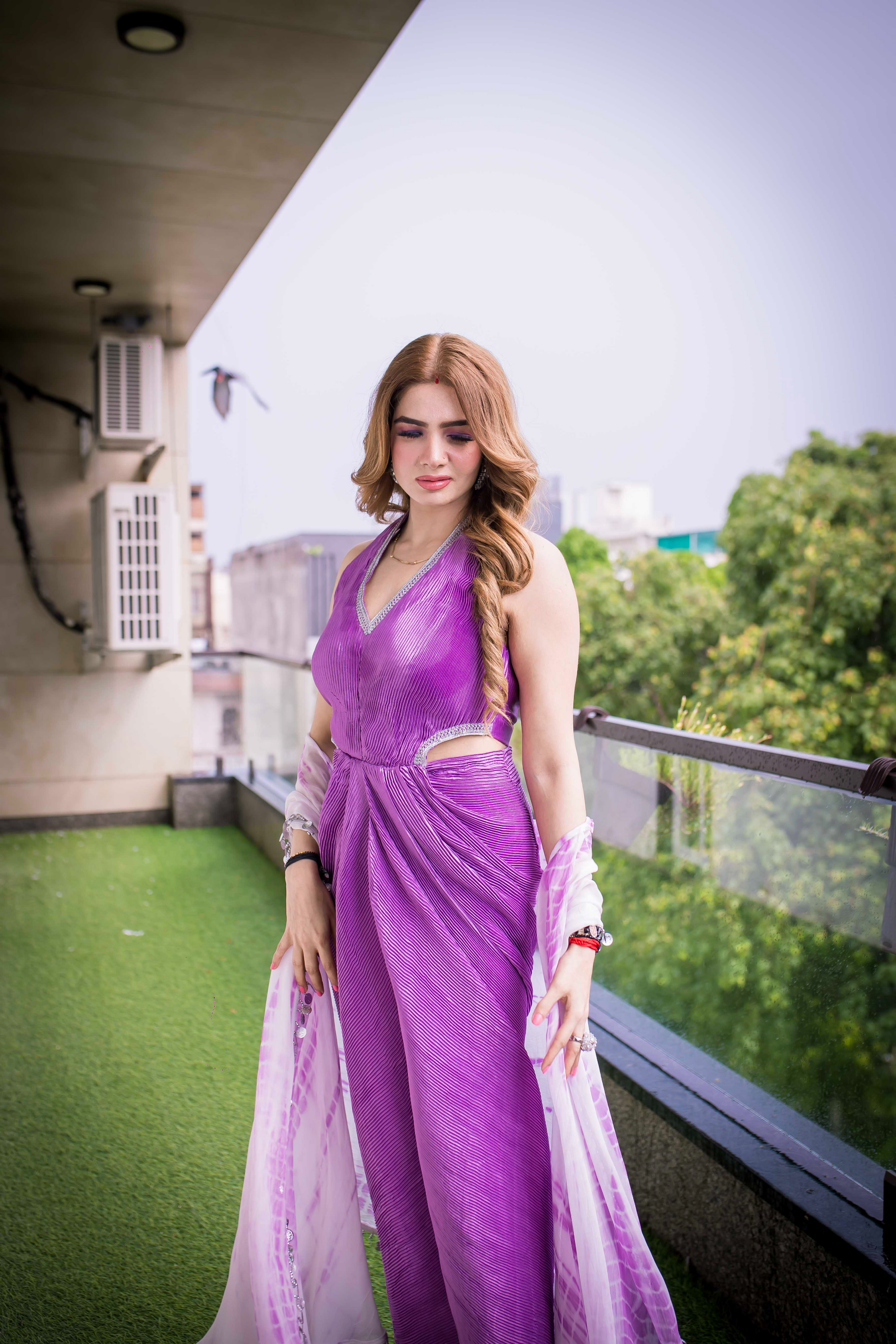 Radiant purple pleated halter neck gown with embellished cut-out details and tie-dye effect – luxury formal dress for women