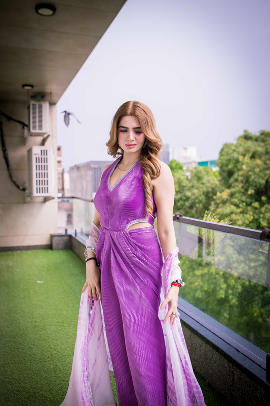 Radiant purple pleated halter neck gown with embellished cut-out details and tie-dye effect – luxury formal dress for women