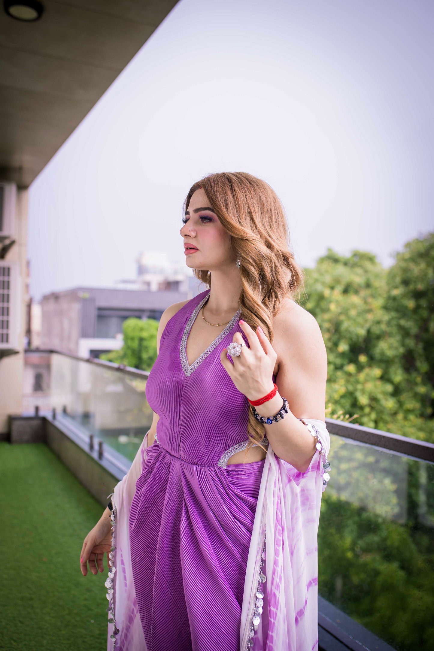 Radiant purple pleated halter neck gown with embellished cut-out details and tie-dye effect – luxury formal dress for women