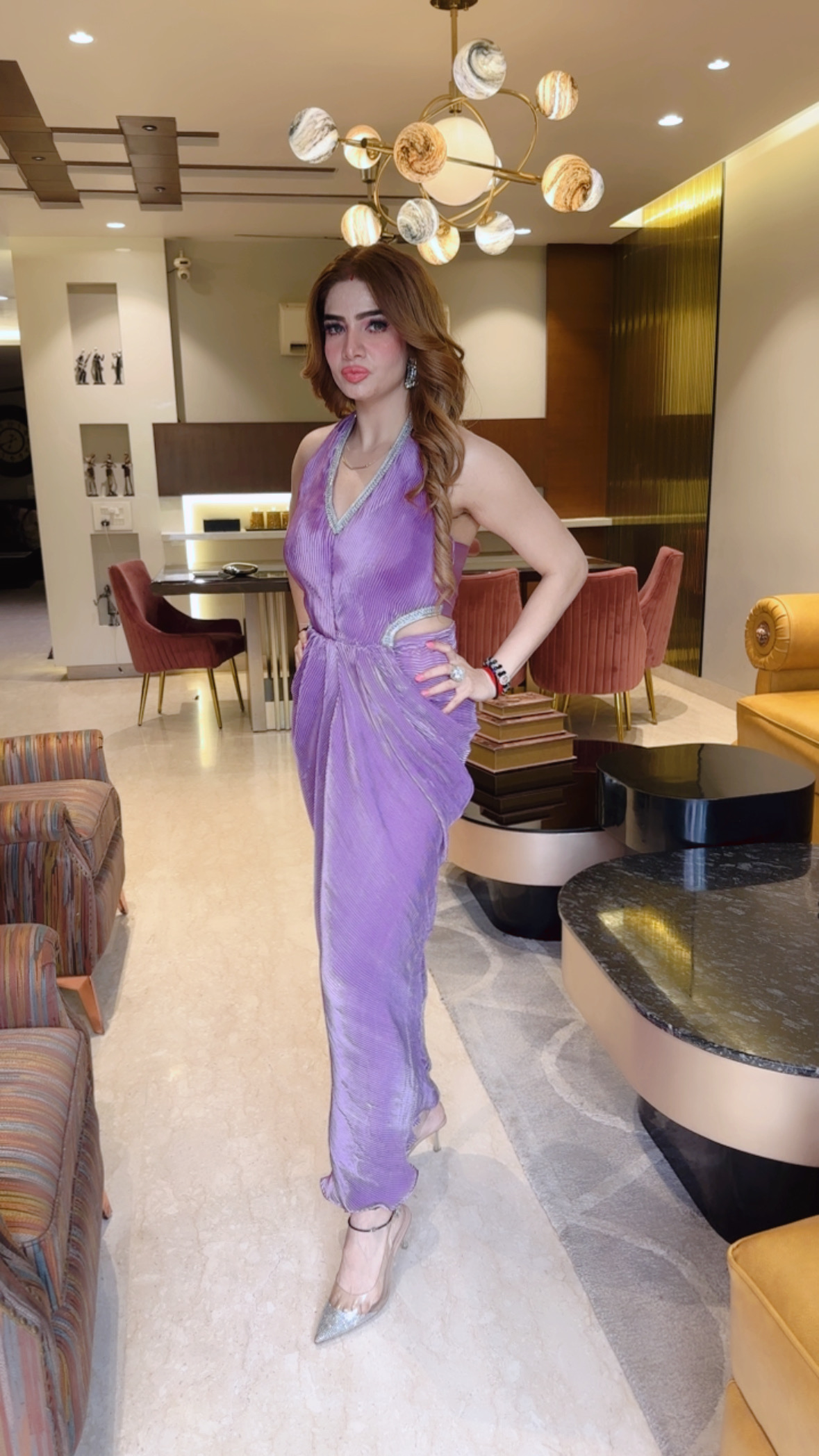 Radiant purple pleated halter neck gown with embellished cut-out details and tie-dye effect – luxury formal dress for women