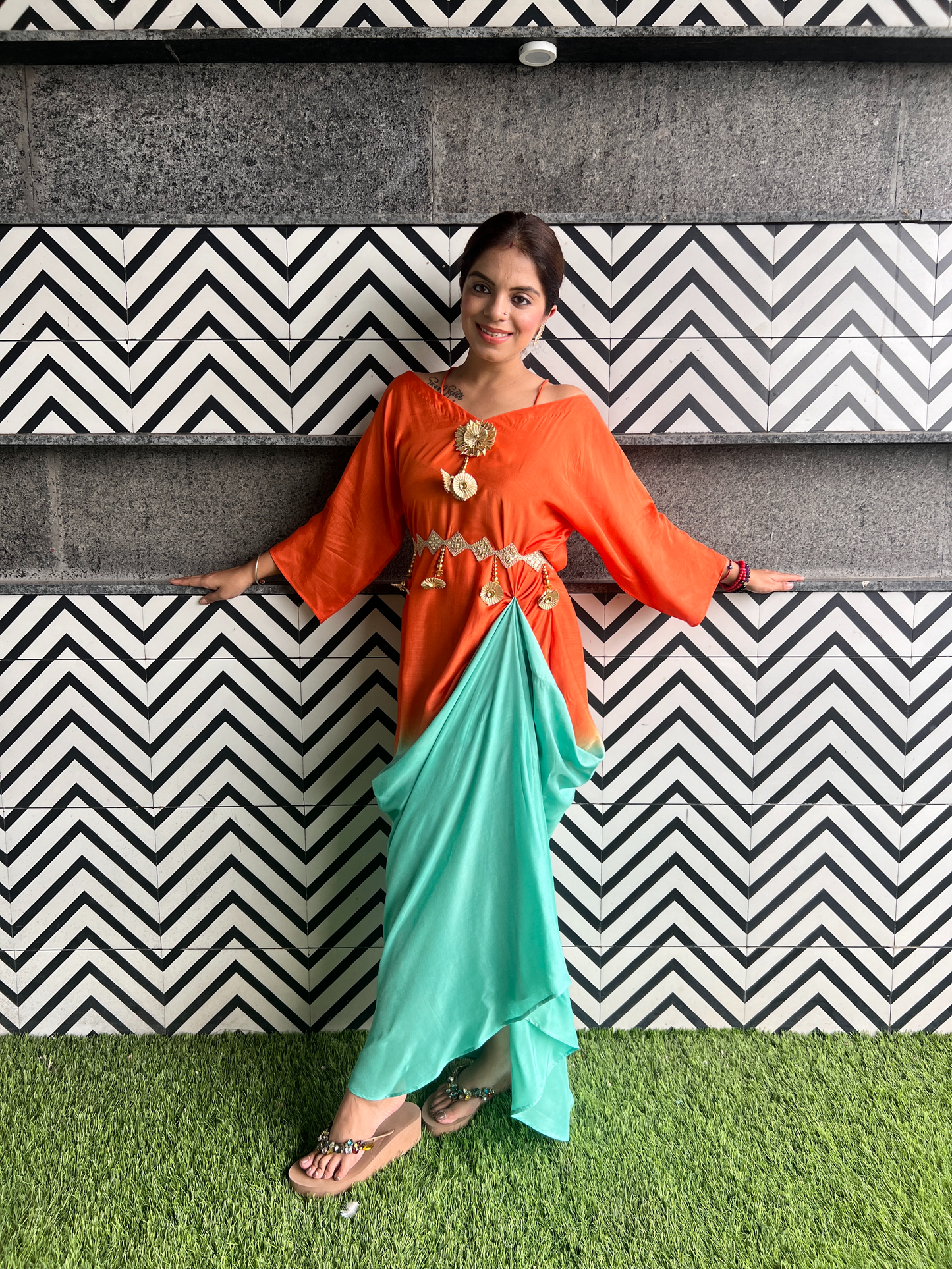 Ombre Gotta Patti Drape Dress in Orange & Sea Green – Traditional Indian Craft with a Modern Twist