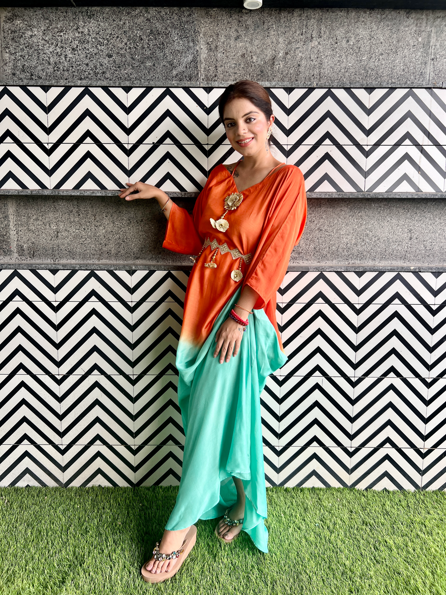 Ombre Gotta Patti Drape Dress in Orange & Sea Green – Traditional Indian Craft with a Modern Twist