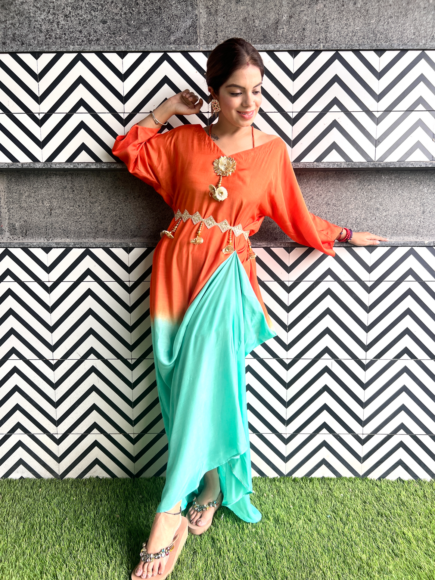Ombre Gotta Patti Drape Dress in Orange & Sea Green – Traditional Indian Craft with a Modern Twist
