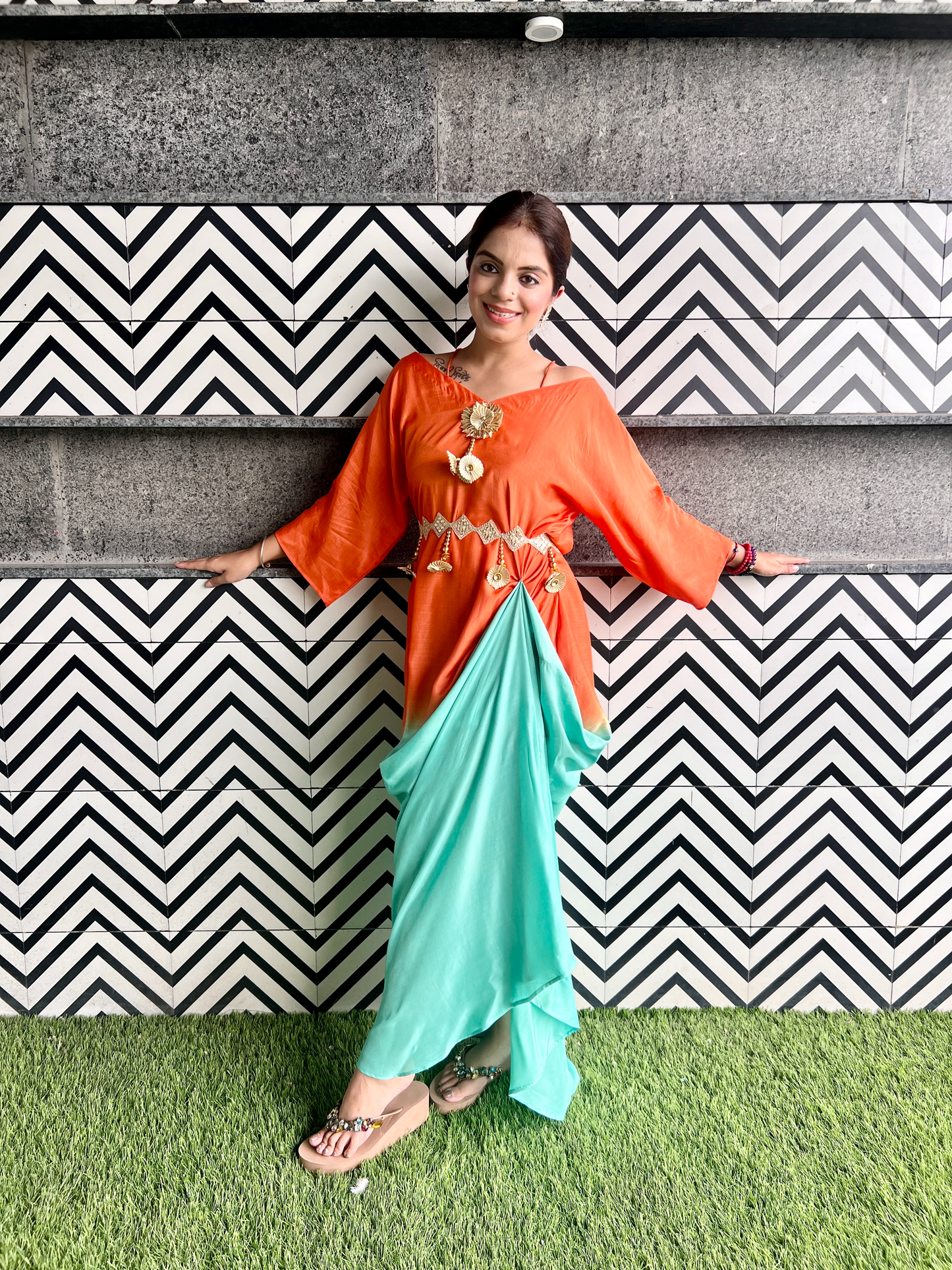 Ombre Gotta Patti Drape Dress in Orange & Sea Green – Traditional Indian Craft with a Modern Twist