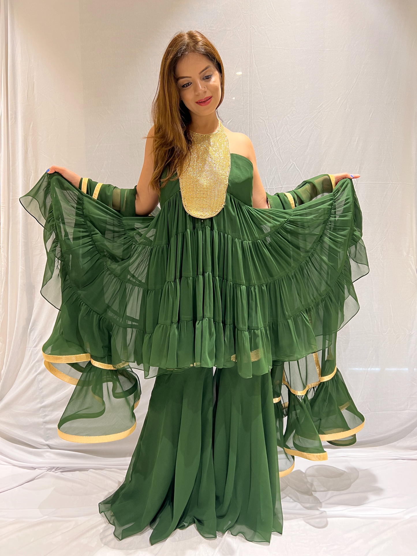 Golden Metal Embroidered Bottle Green Frill Suit – Luxurious Women’s Traditional Wear| MYSTIQUE CLOSET