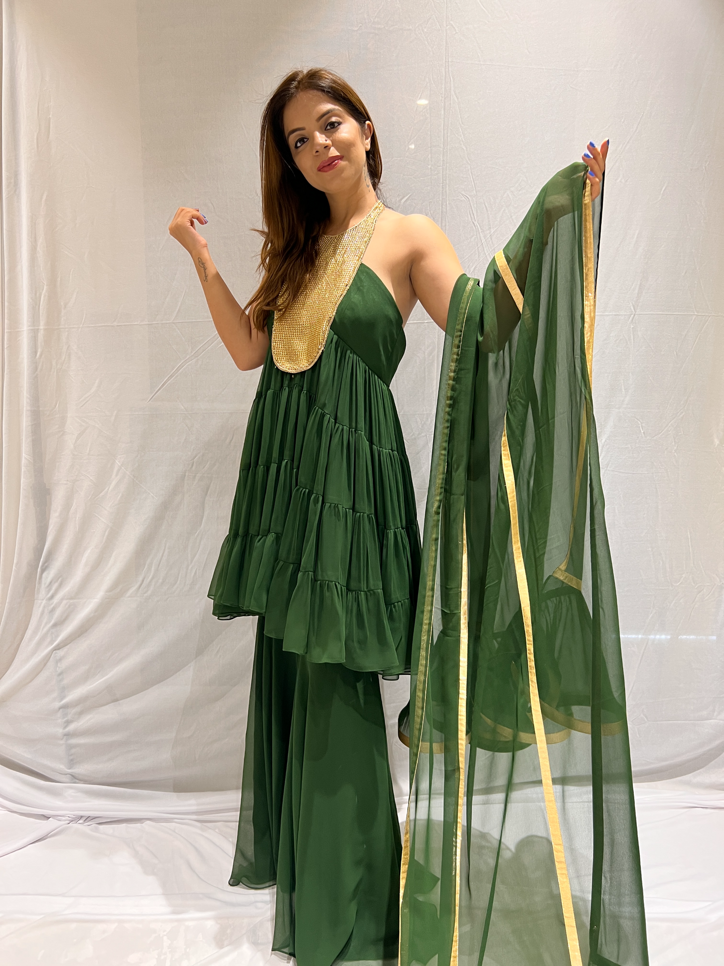Golden Metal Embroidered Bottle Green Frill Suit – Luxurious Women’s Traditional Wear| MYSTIQUE CLOSET