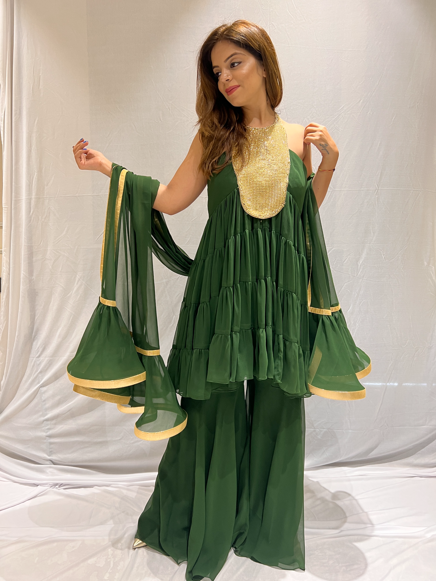Golden Metal Embroidered Bottle Green Frill Suit – Luxurious Women’s Traditional Wear| MYSTIQUE CLOSET