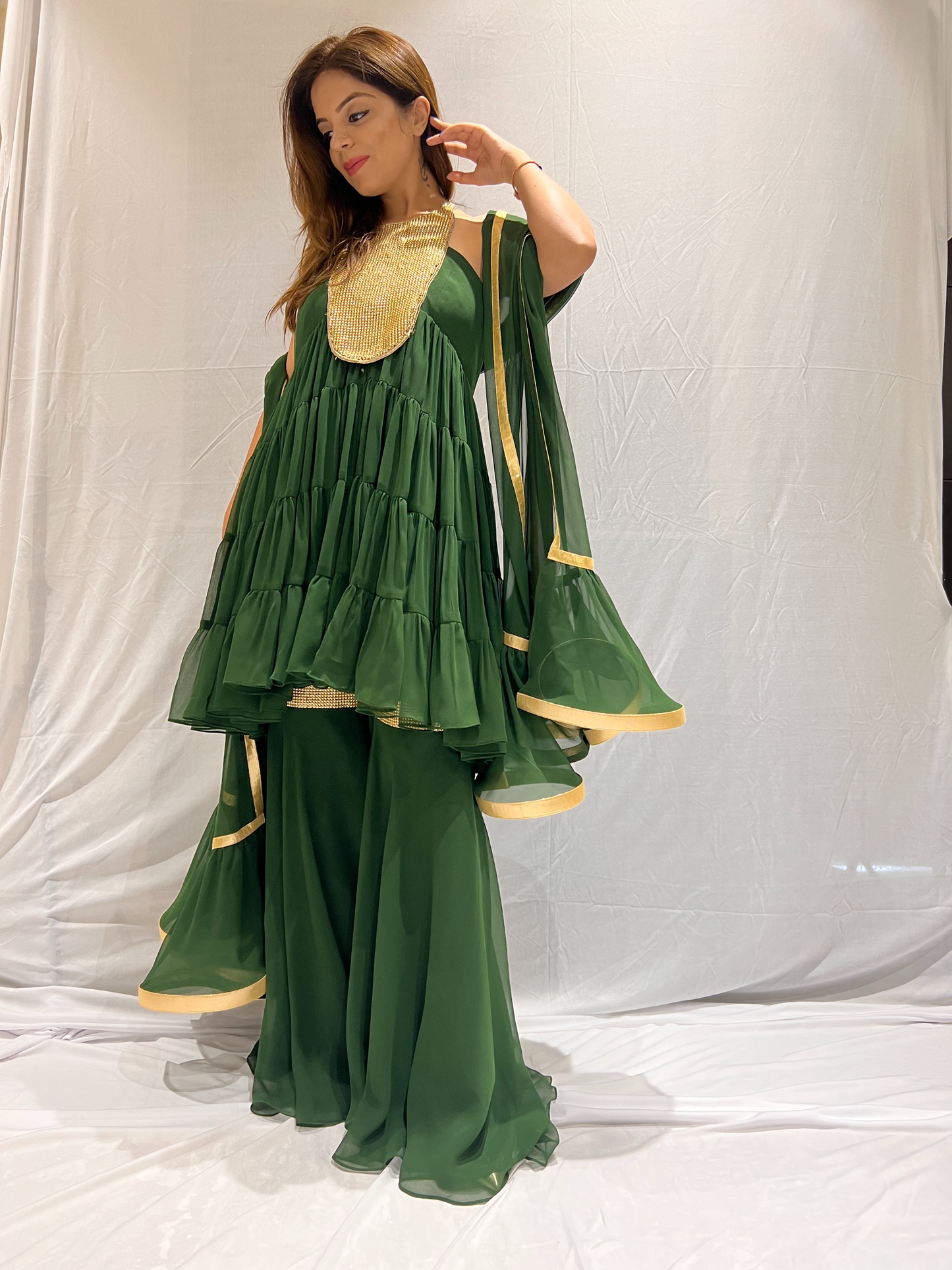 Golden Metal Embroidered Bottle Green Frill Suit – Luxurious Women’s Traditional Wear| MYSTIQUE CLOSET