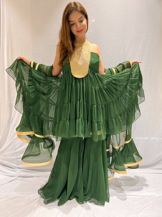 Golden Metal Embroidered Bottle Green Frill Suit – Luxurious Women’s Traditional Wear| MYSTIQUE CLOSET