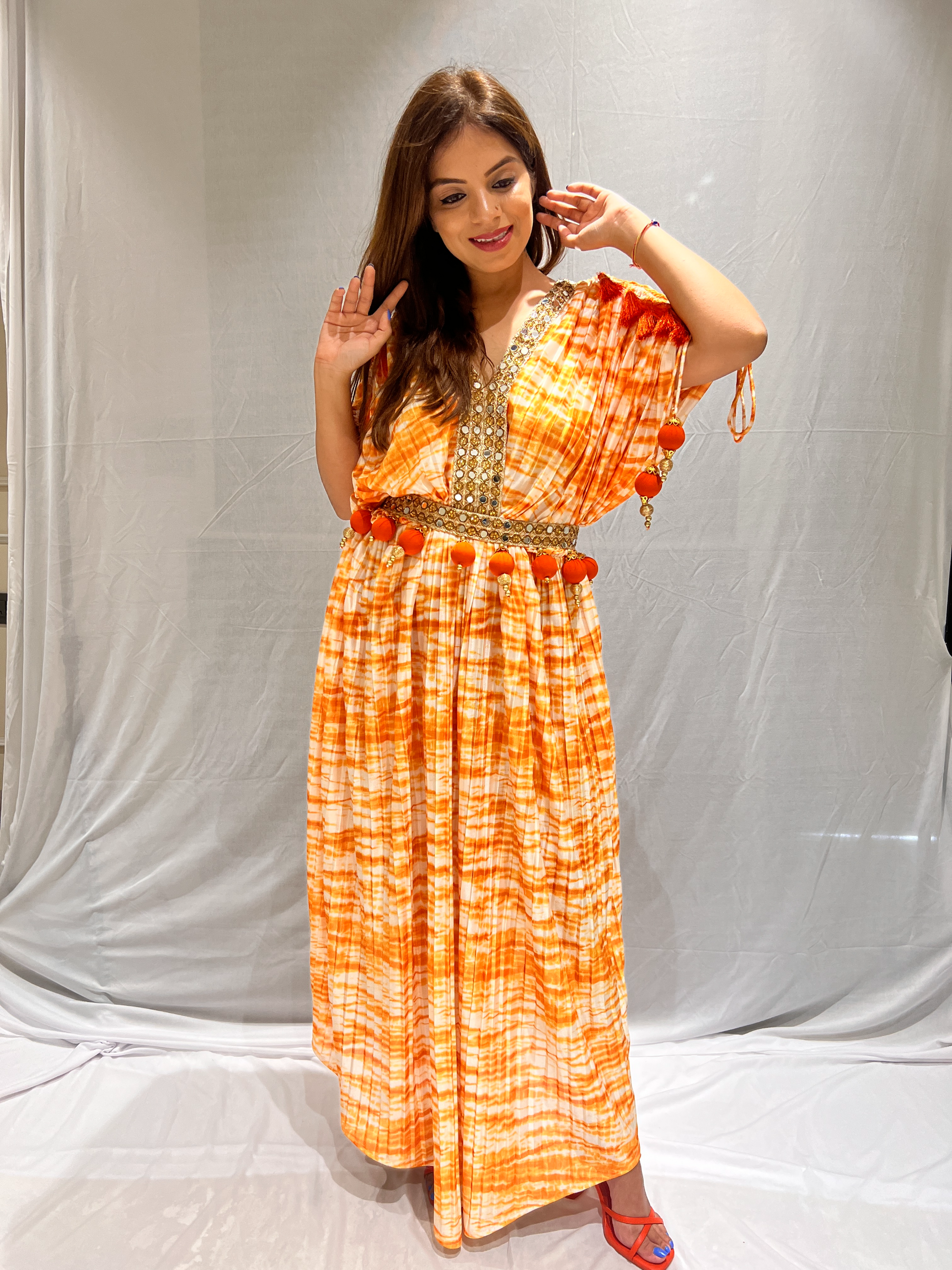 Mirror lace orange and white tie-dye dress – bohemian style with intricate detailing and vibrant colors