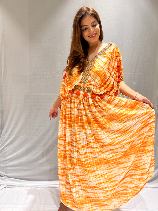 Mirror lace orange and white tie-dye dress – bohemian style with intricate detailing and vibrant colors