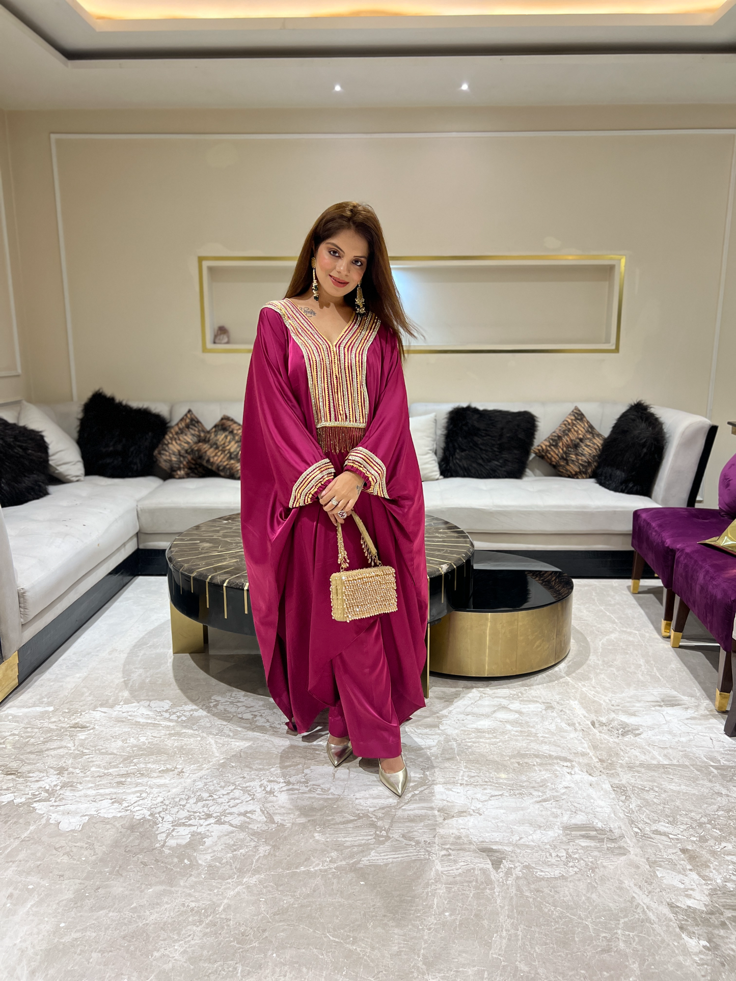 Majestic Magenta Embellished Kaftan with V-Neckline & Fringed Detailing