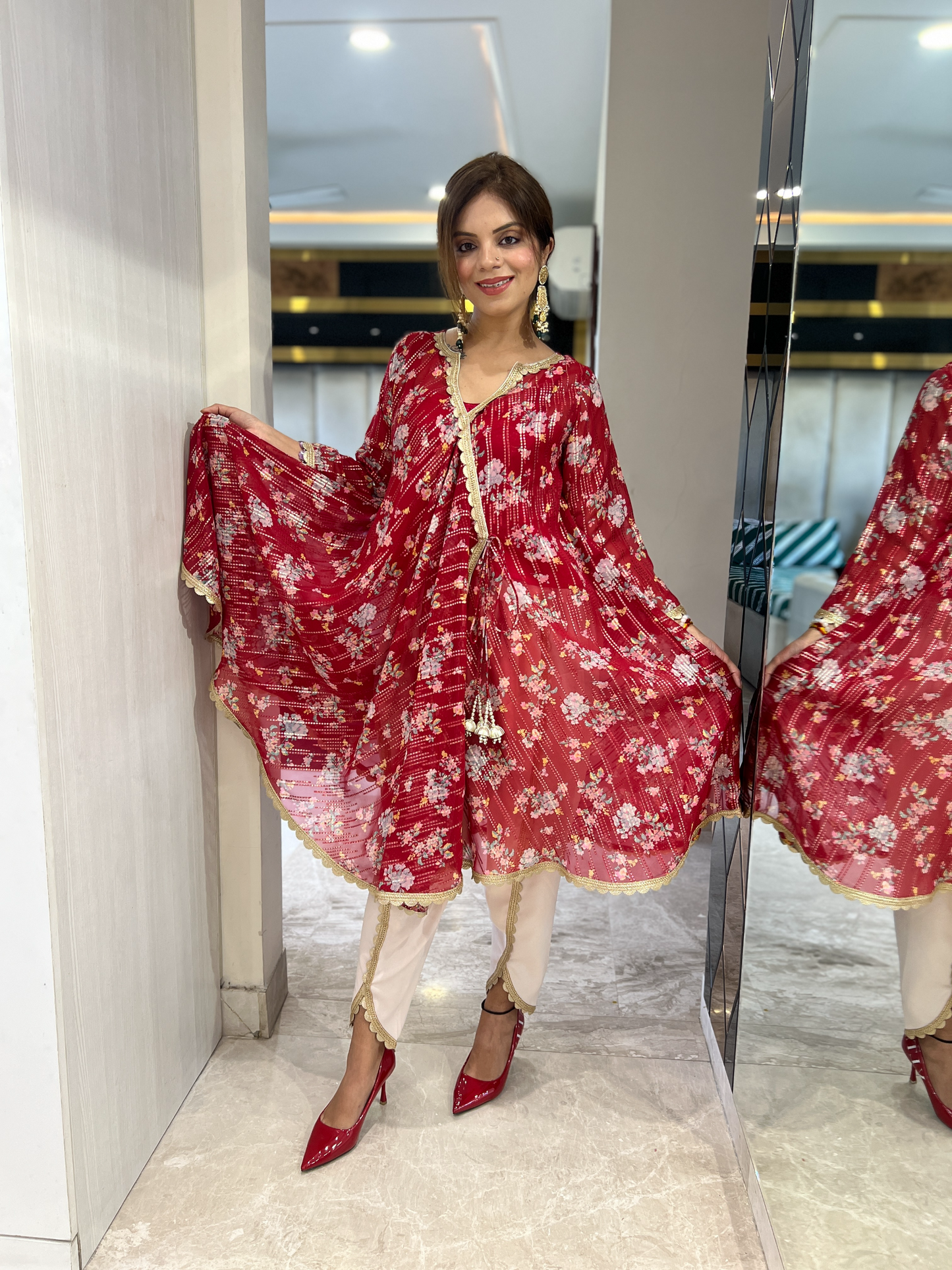Festive Red Anarkali Kurta with Gold Accents & Cream Pants – Elegant Floral Ethnic Set