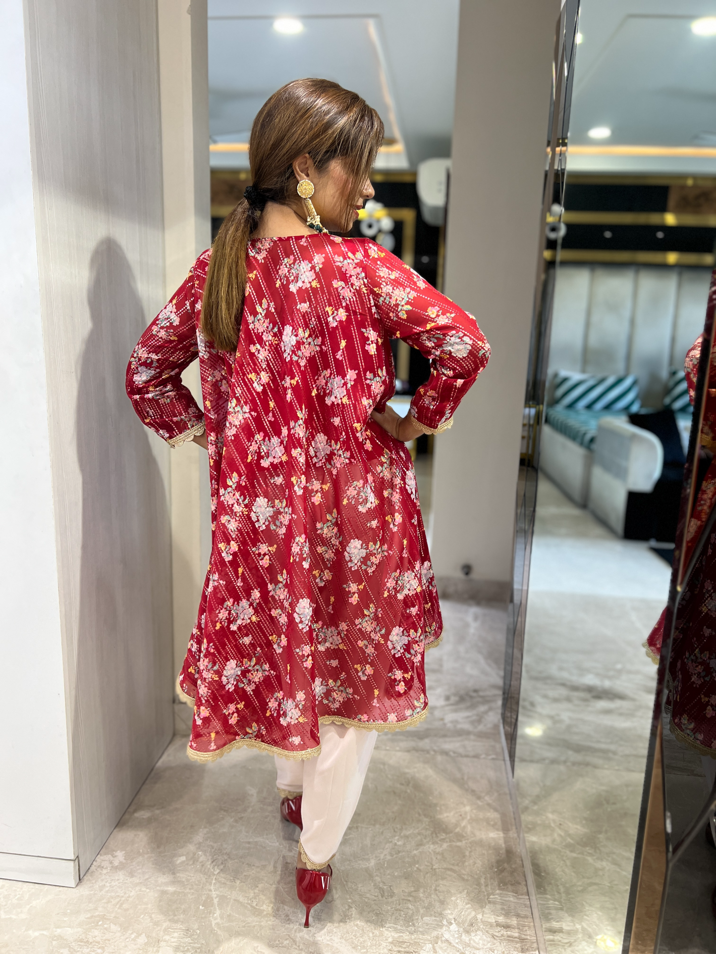 Festive Red Anarkali Kurta with Gold Accents & Cream Pants – Elegant Floral Ethnic Set