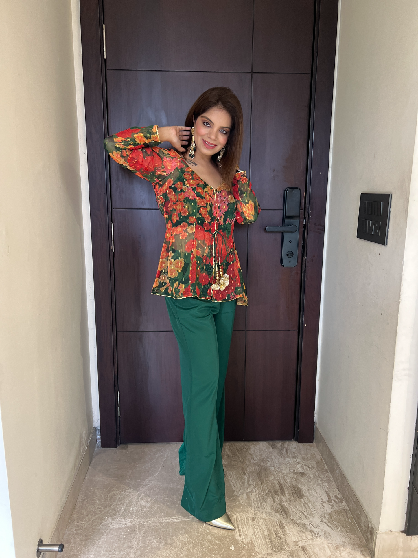 Red & Green Floral Peplum Tunic with Wide-Leg Palazzo Set – Festive Indo-Western Fusion