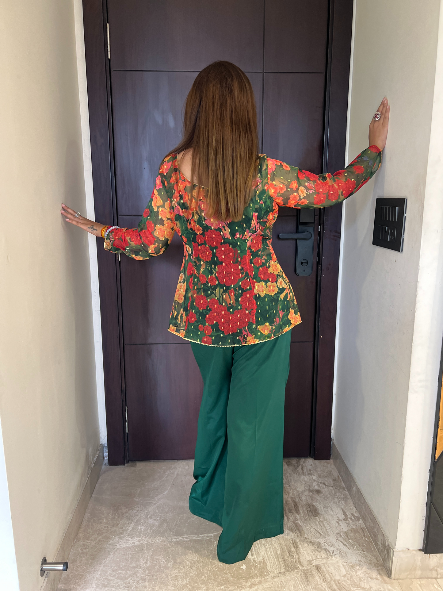 Red & Green Floral Peplum Tunic with Wide-Leg Palazzo Set – Festive Indo-Western Fusion