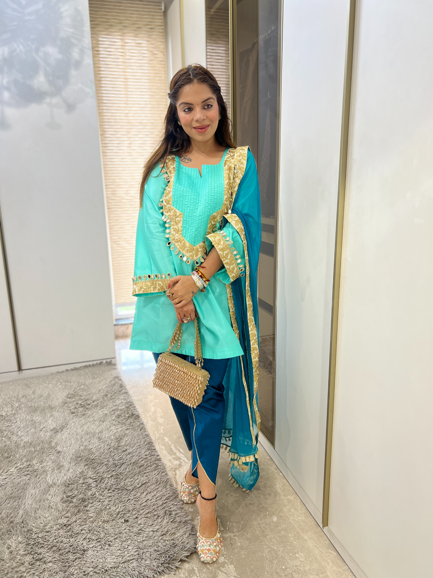 Mehfil Aqua Mirror Work Suit Set for Women.