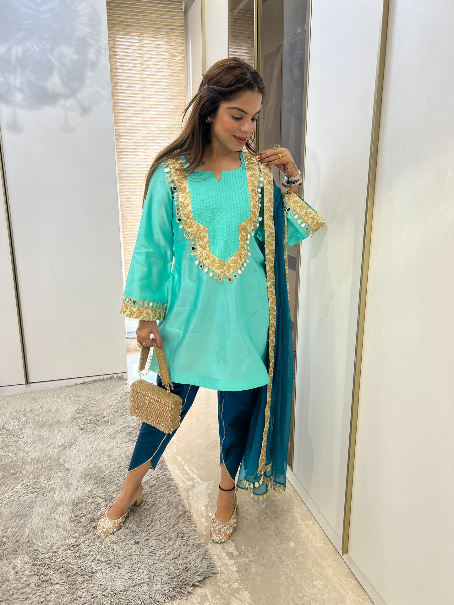Mehfil Aqua Mirror Work Suit Set for Women.