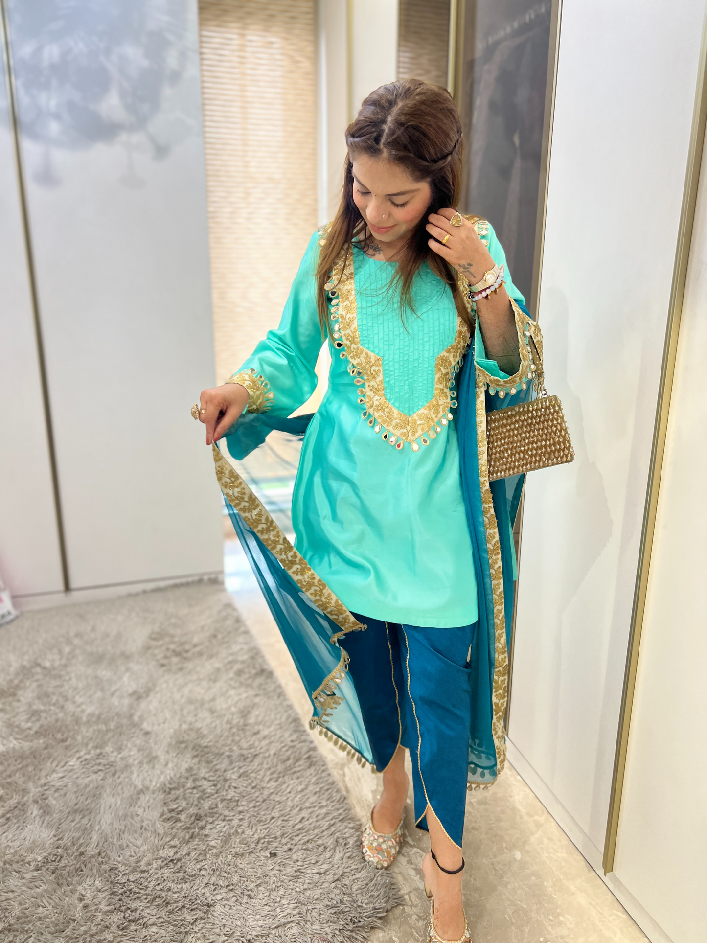 Mehfil Aqua Mirror Work Suit Set for Women.
