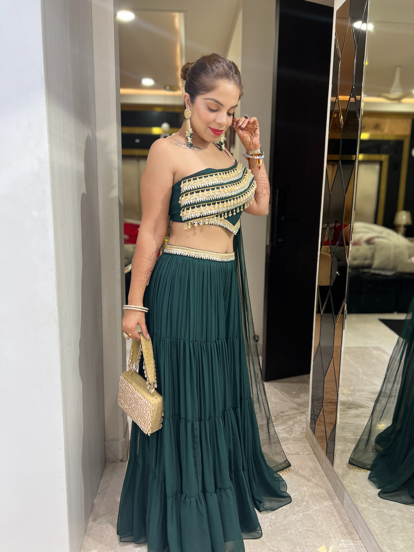 Emerald Green Layered Sharara Set with Embellished Details – Elegant Festive Wear for Women
