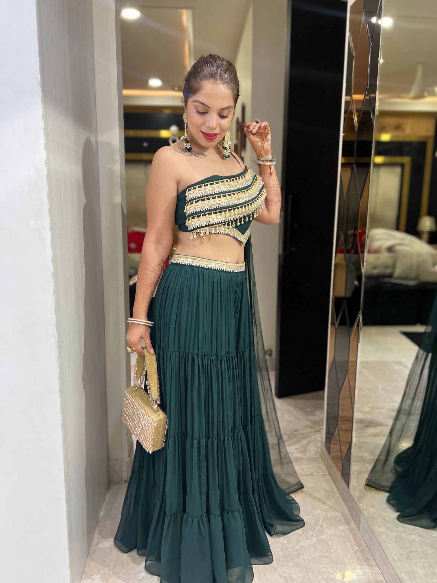 Emerald Green Layered Sharara Set with Embellished Details – Elegant Festive Wear for Women