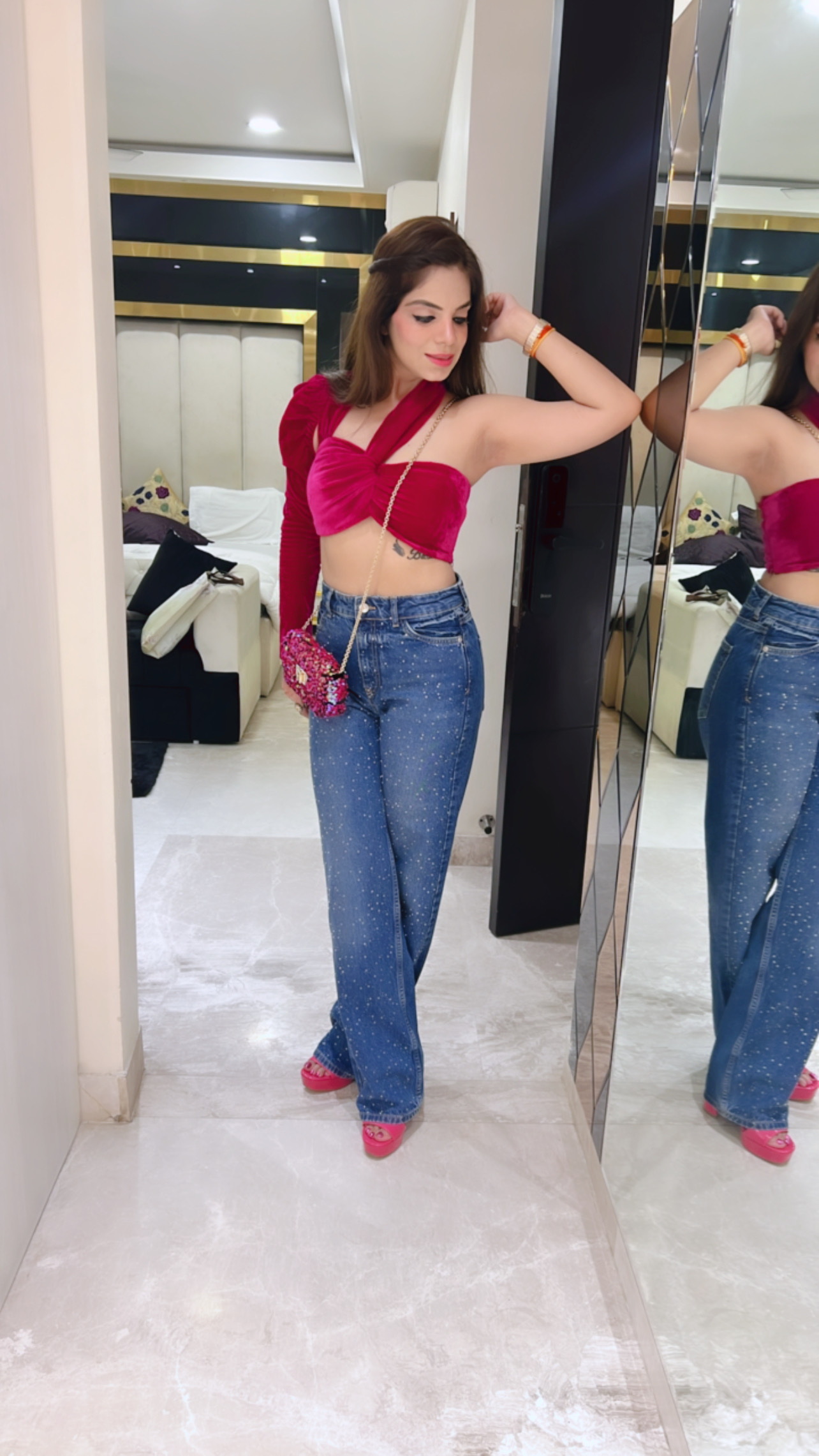 Hot Pink Velvet One-Shoulder Crop Top – Luxe Partywear for Women