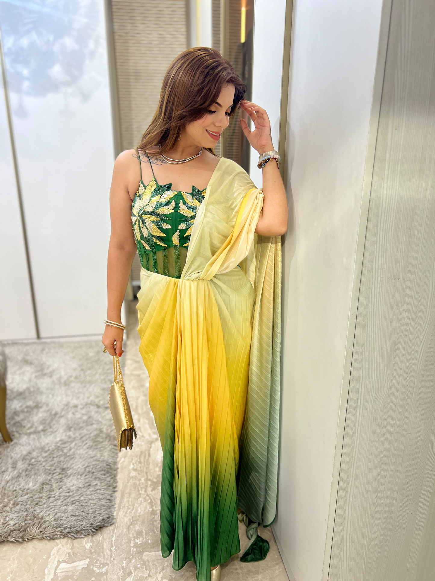 Ombre Floral Draped Saree Gown - Elegant Fusion Wear for Special Occasions