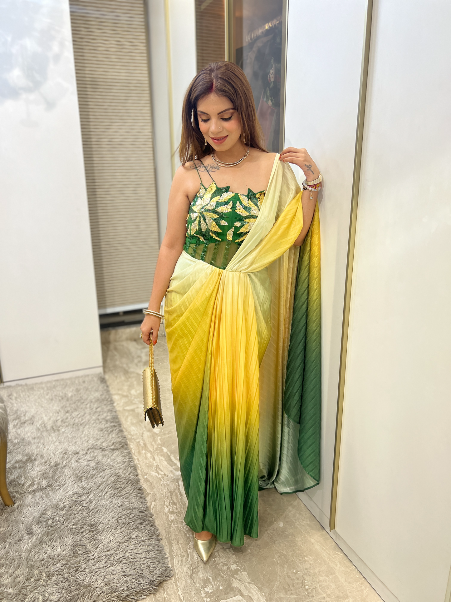 Ombre Floral Draped Saree Gown - Elegant Fusion Wear for Special Occasions